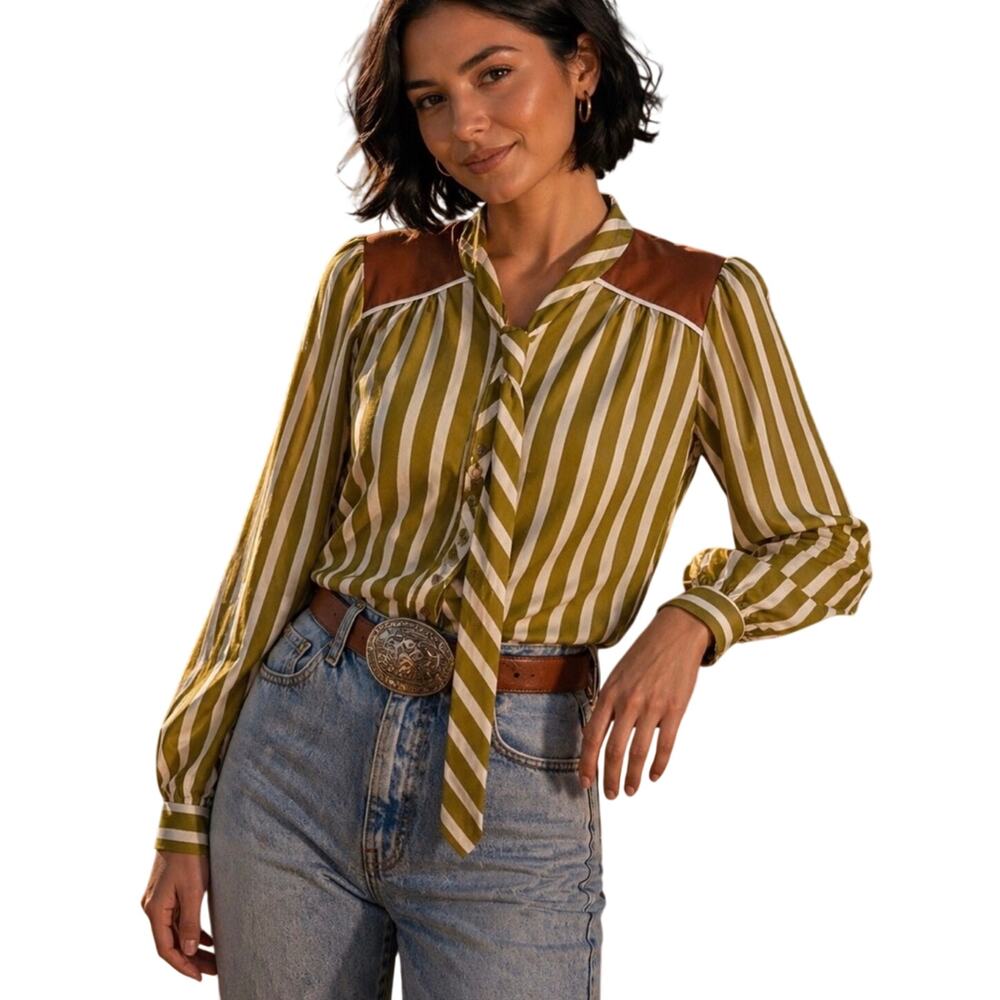Tulip B Unique Vintage Retro Olive Stripe Rust Long Sleeve Blouse M NWT